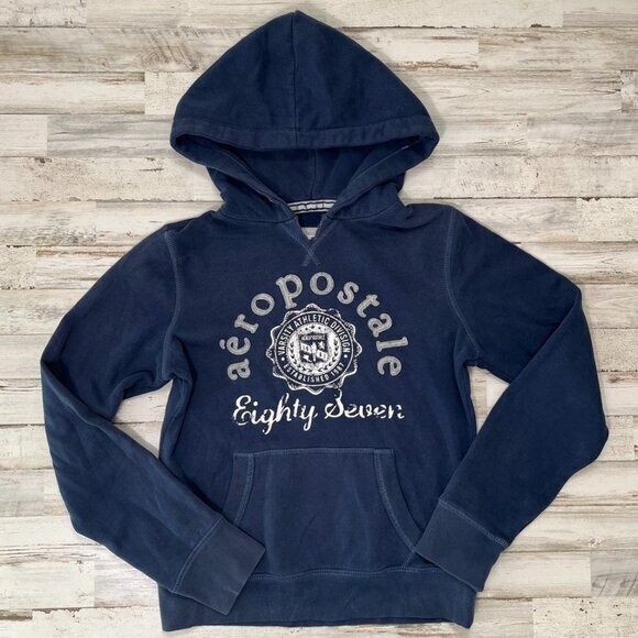 2000s Y2k Aeropostale Navy Blue Embroidered Hoodie‎ Sweatshirt Womens Medium - Picture 1 of 6